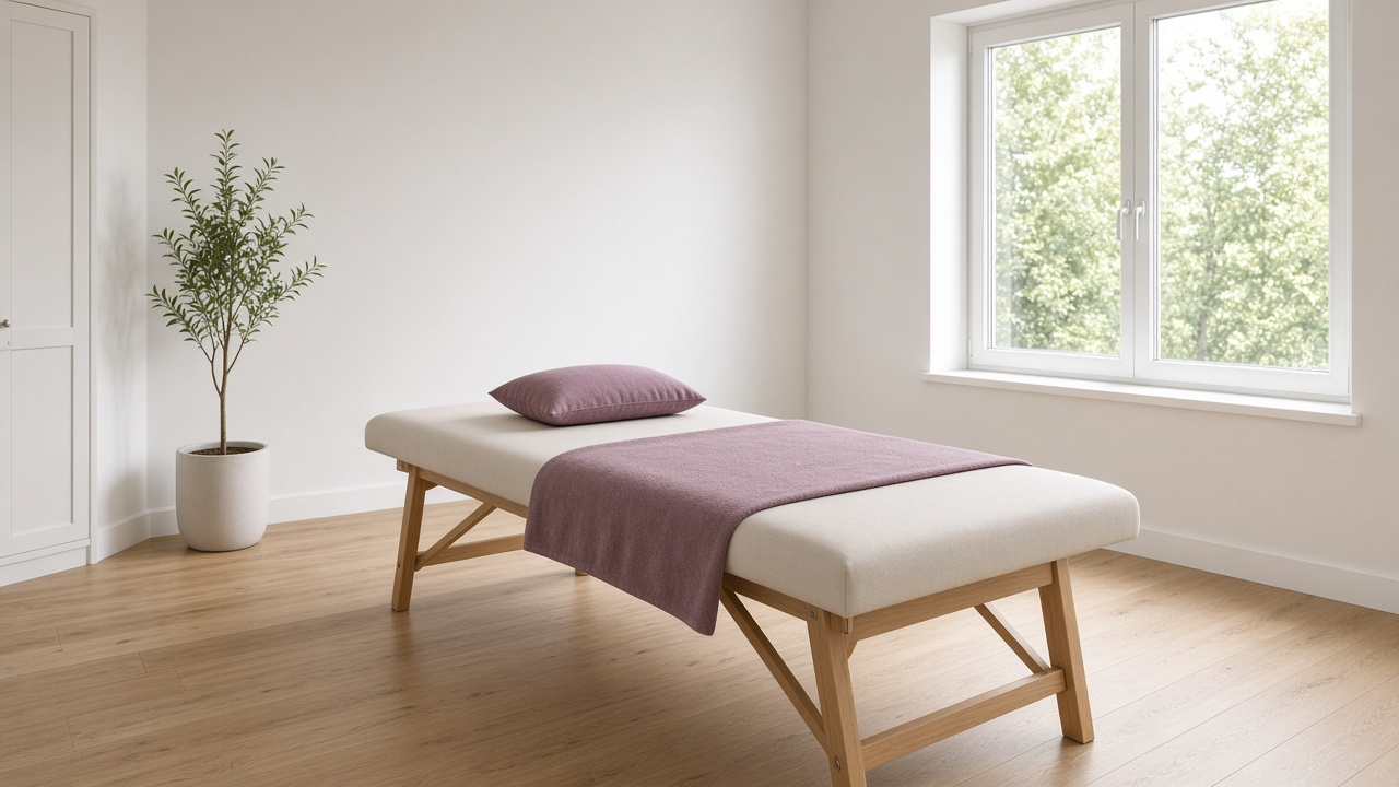 Empty treatment room with a plum textile on the table